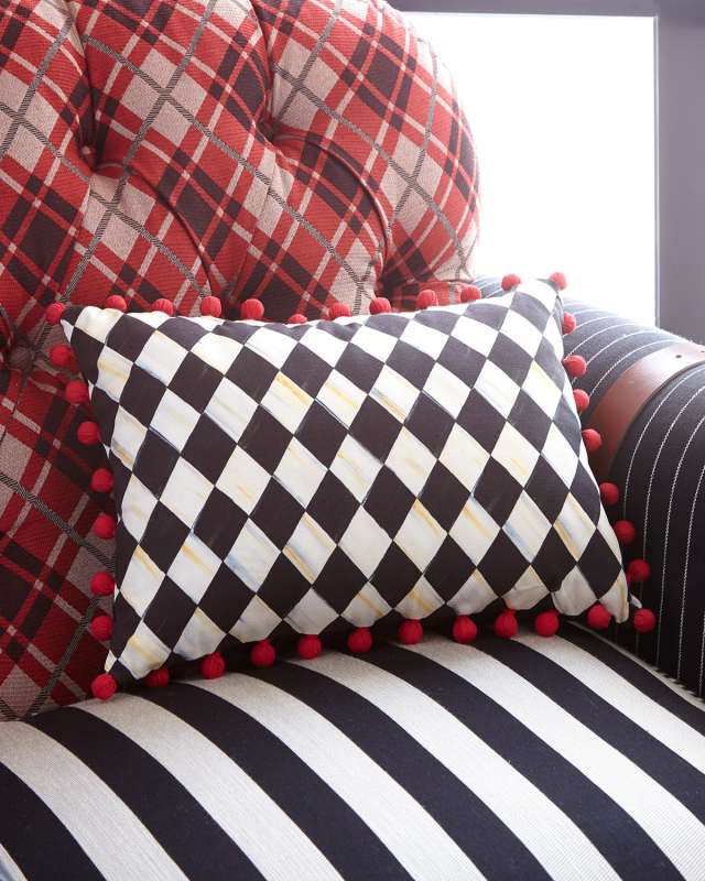 Courtly Harlequin Pompom Lumbar Pillow - Red